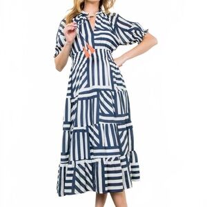 THML Navy and White Striped Patchwork Midi Dress with Orange Tassels